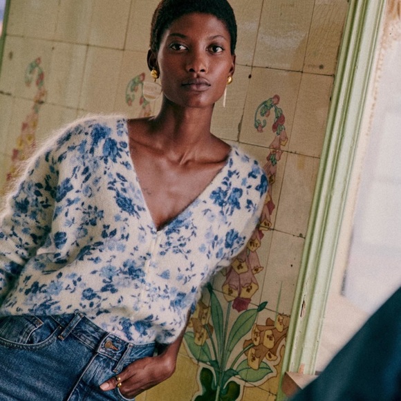 NWT Sezane Gilet Lisette Sweater - Blue Peonies - Picture 7 of 7